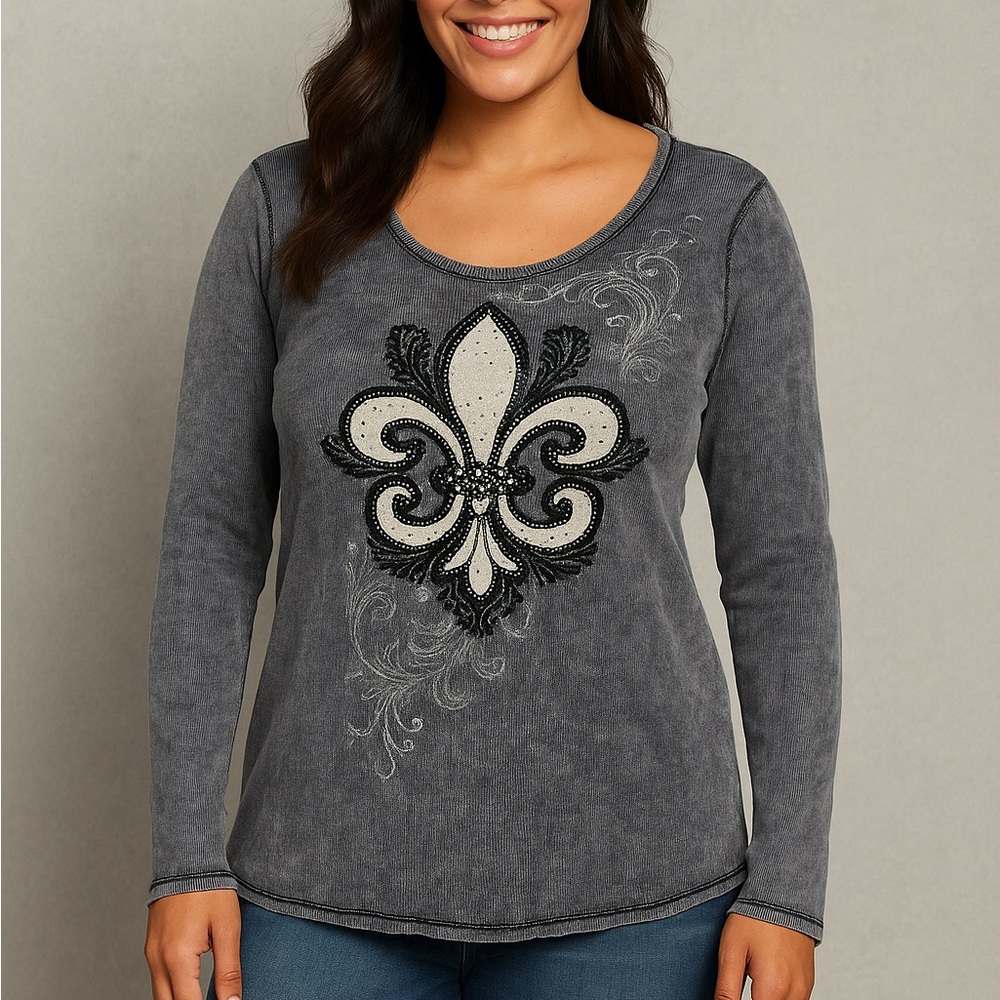 Vocal Shirt 1X Top Tunic Gray Thermal Bling Long Sleeves Y2K USA Fleur De Lis